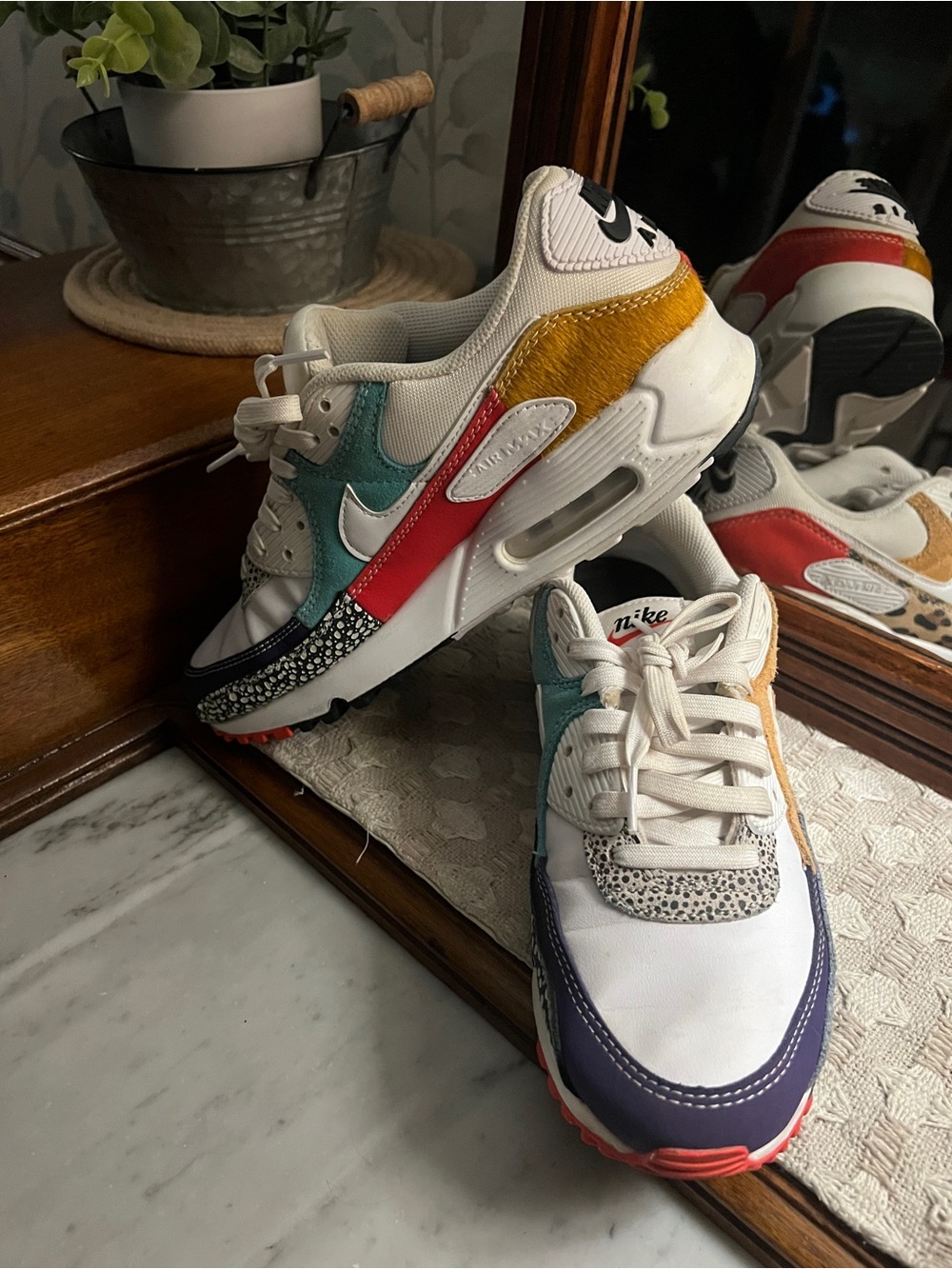 NIKE Air Max 90 SE Safari Mix Colorblock Animal Print Leather Sneakers Wms Sz 9